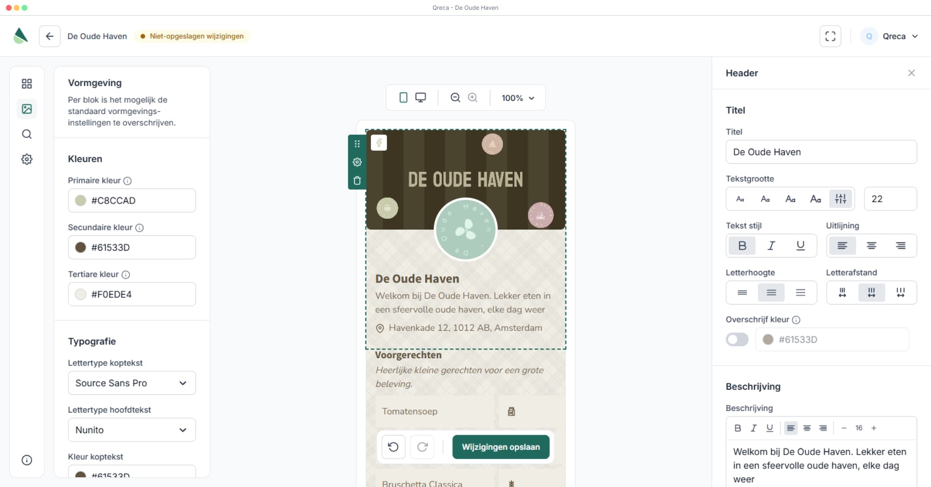 Allergenenkaart in Qreca's drag-and-drop editor