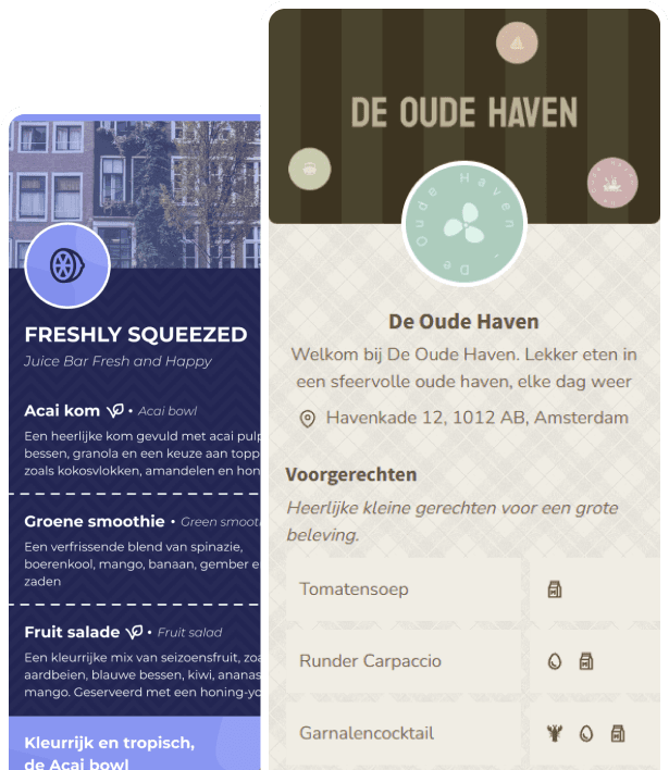 Voorbeeld van Qreca's digitale menukaart en digitale allergenenkaart