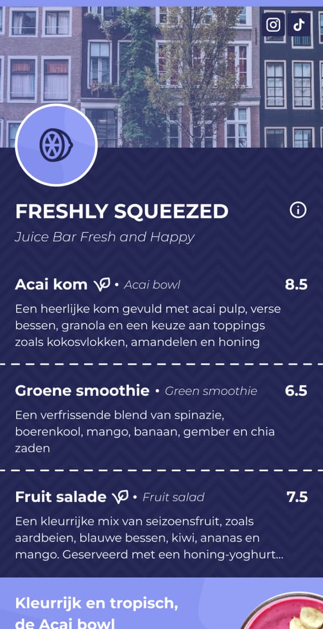 Qreca's digitale menukaart van Freshly Squeezed